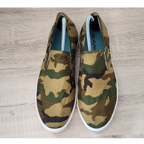 SEAVEES Men 9.5 Green Camo Hawthorne Classic Shoes Slip on Deck Sneakers Casual - Picture 4 of 10